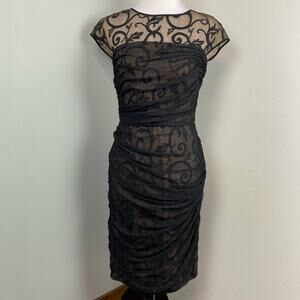 Tadashi Shoji Vintage Black & Nude Silk Ruched Sheath Dress Size 6 Mesh Filigree